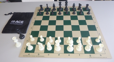 This is the product image for School Chess Set Fold Up Board. Detail: SCHOOL SET BUNDLES. Product ID: PCSPECIAL.
 
				Price: $32.00.