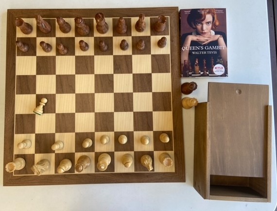 This is the product image for Queens Gambit Chess Set. Detail: WOODEN PIECES. Product ID: 1899WOODENSET.
 
				Price: $399.95.
