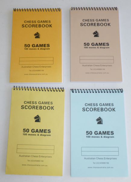 This is the product image for Chess Scorebook (50 games). Detail: STATIONERY. Product ID: SB01.
 
				Price: $4.95.